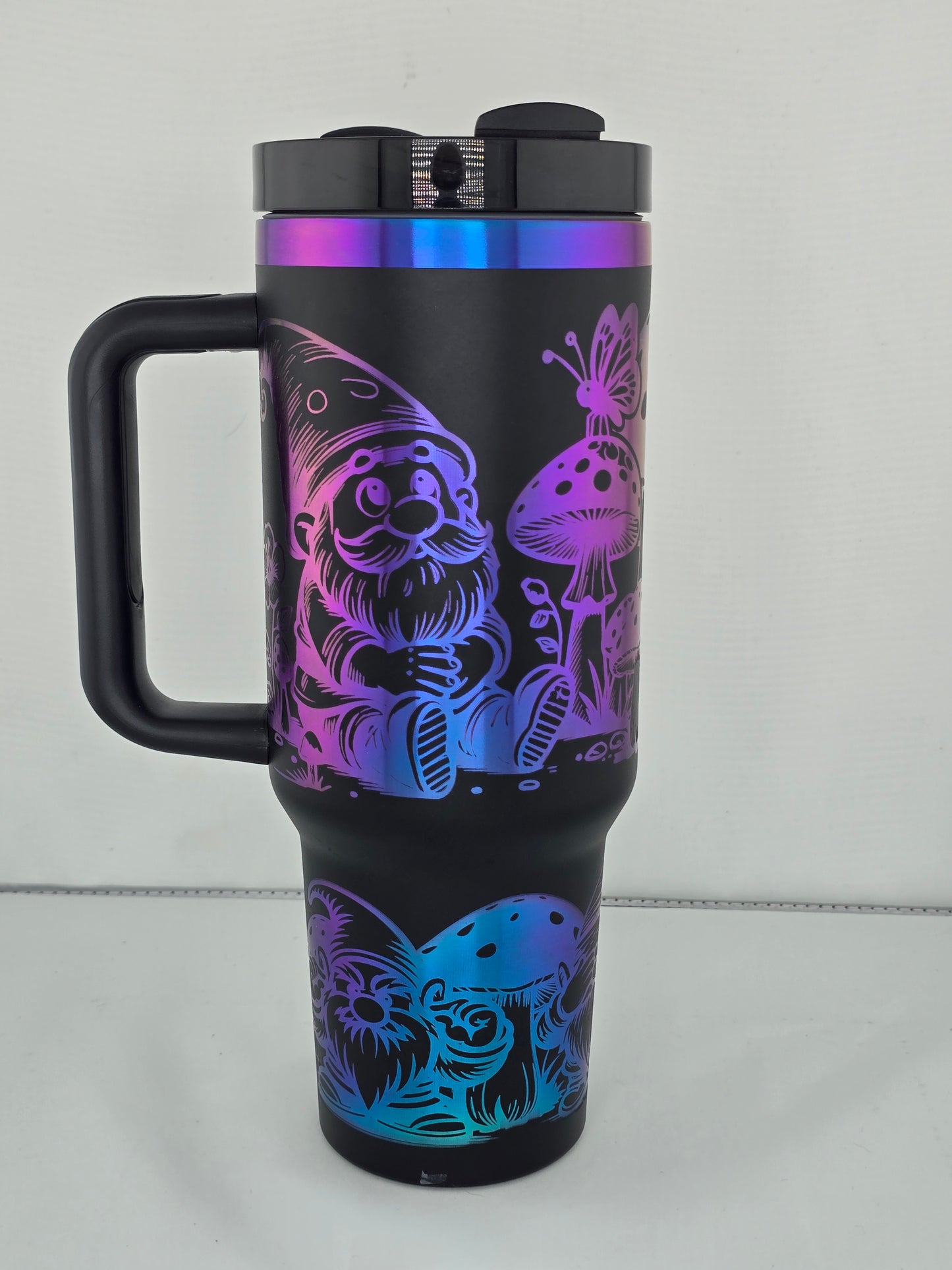 gnome butterfly mushroom 40 oz black rainbow plated tumbler