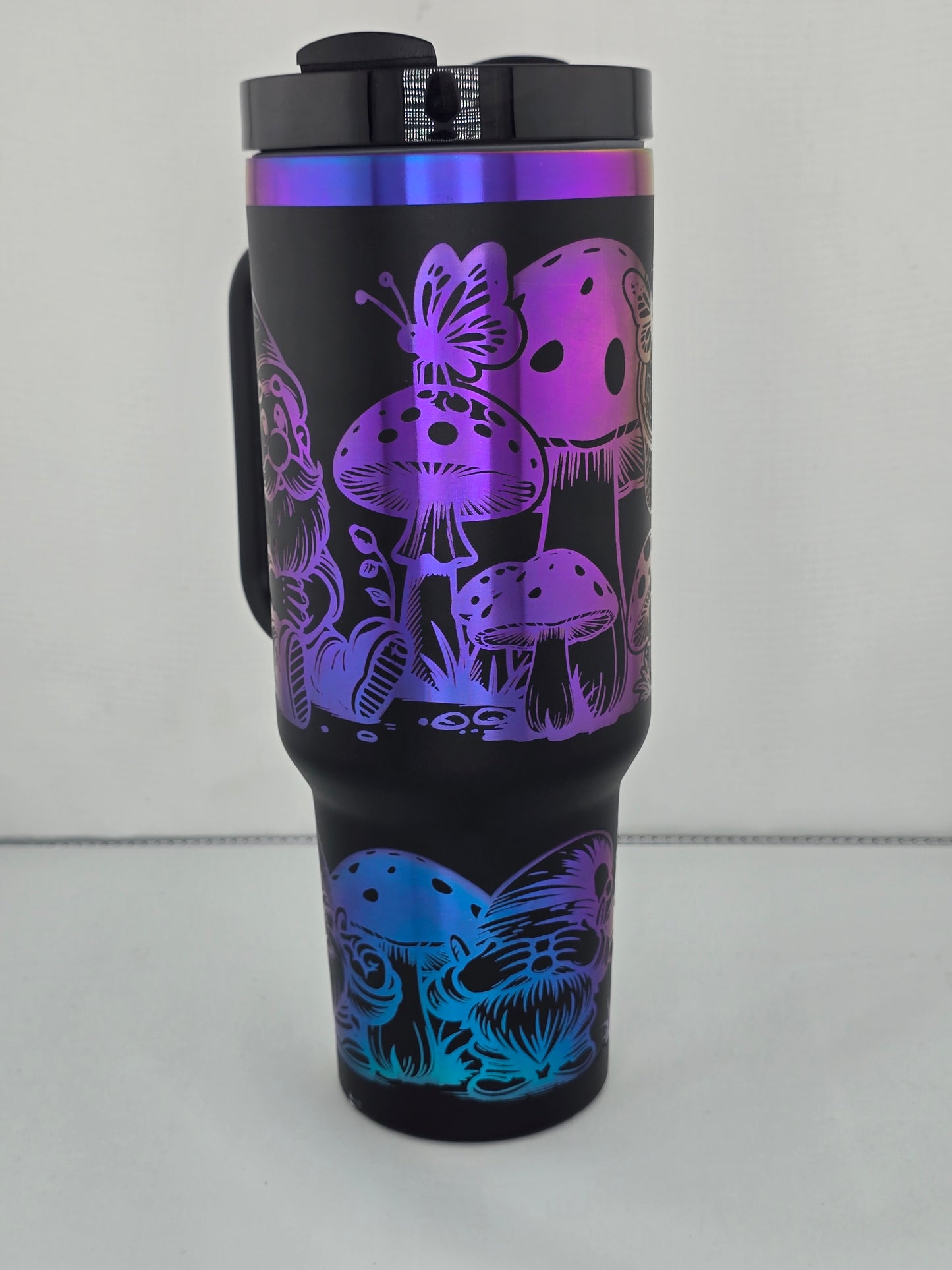 gnome butterfly mushroom 40 oz black rainbow plated tumbler