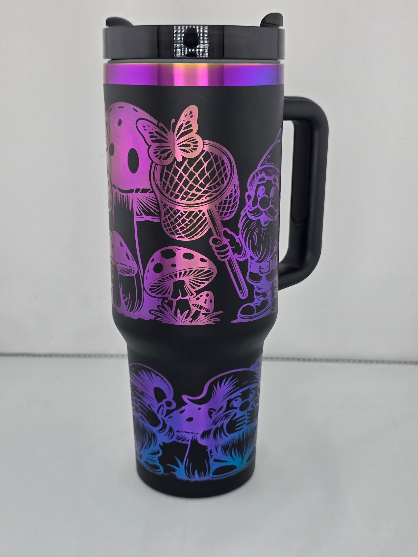 gnome butterfly mushroom 40 oz black rainbow plated tumbler