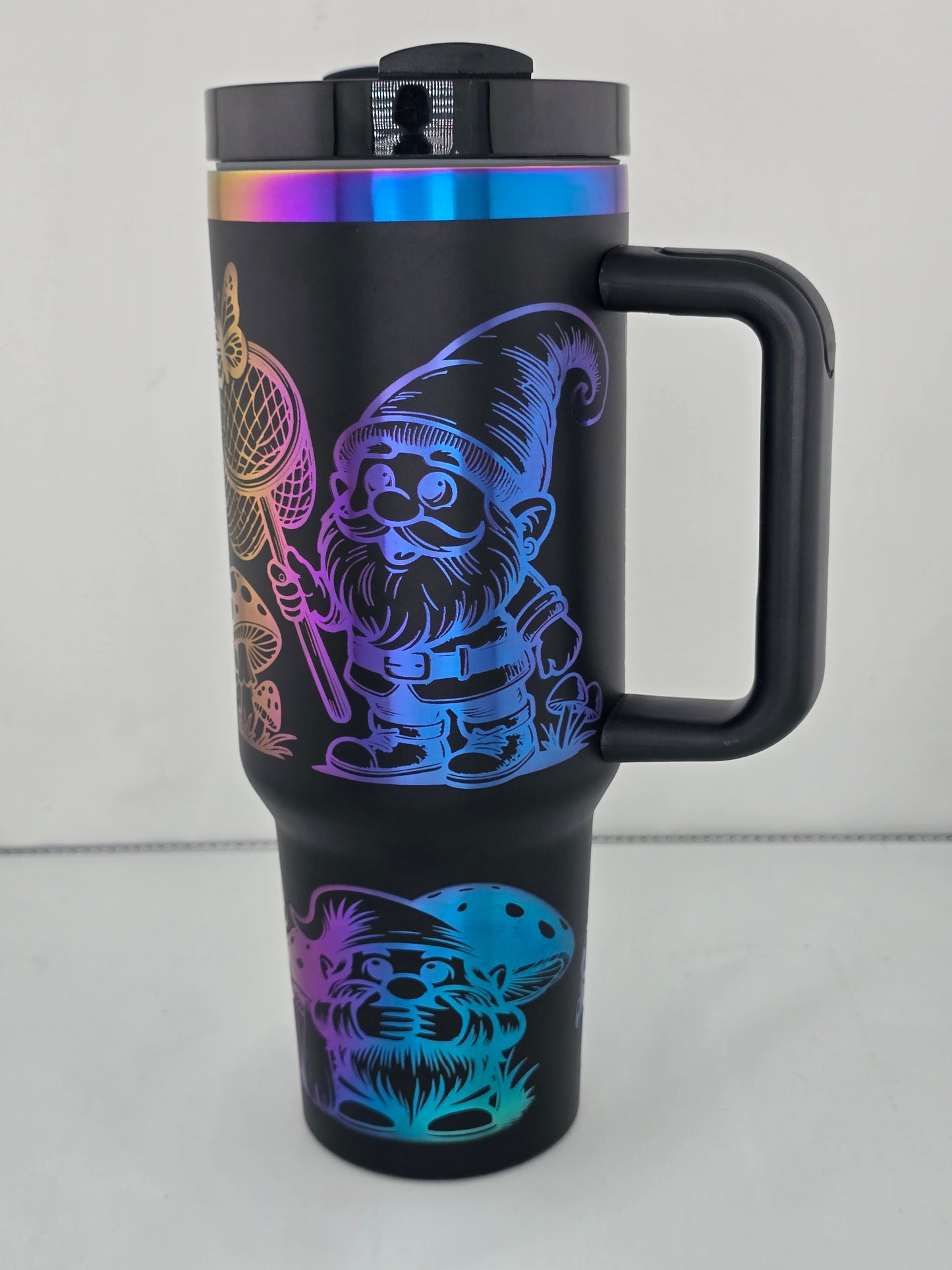 gnome butterfly mushroom 40 oz black rainbow plated tumbler