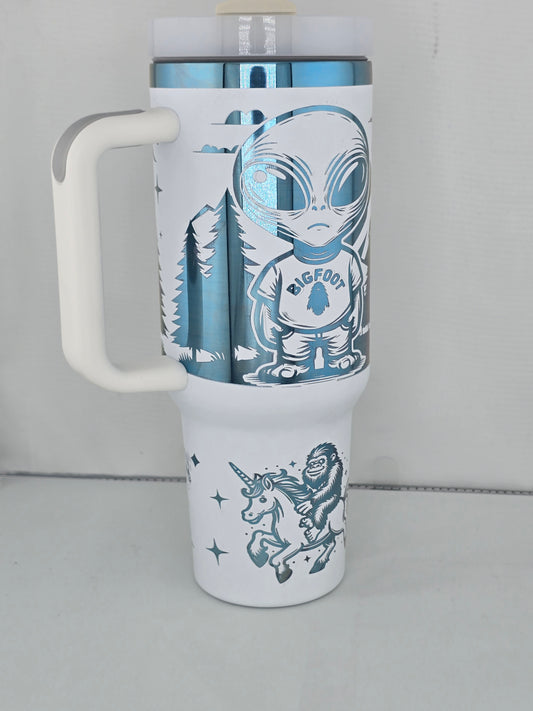 believe big foot alien unicorn - Laser Engraved 40 oz Tumbler white blue plated