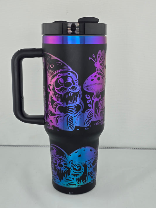 gnome butterfly mushroom 40 oz black rainbow plated tumbler